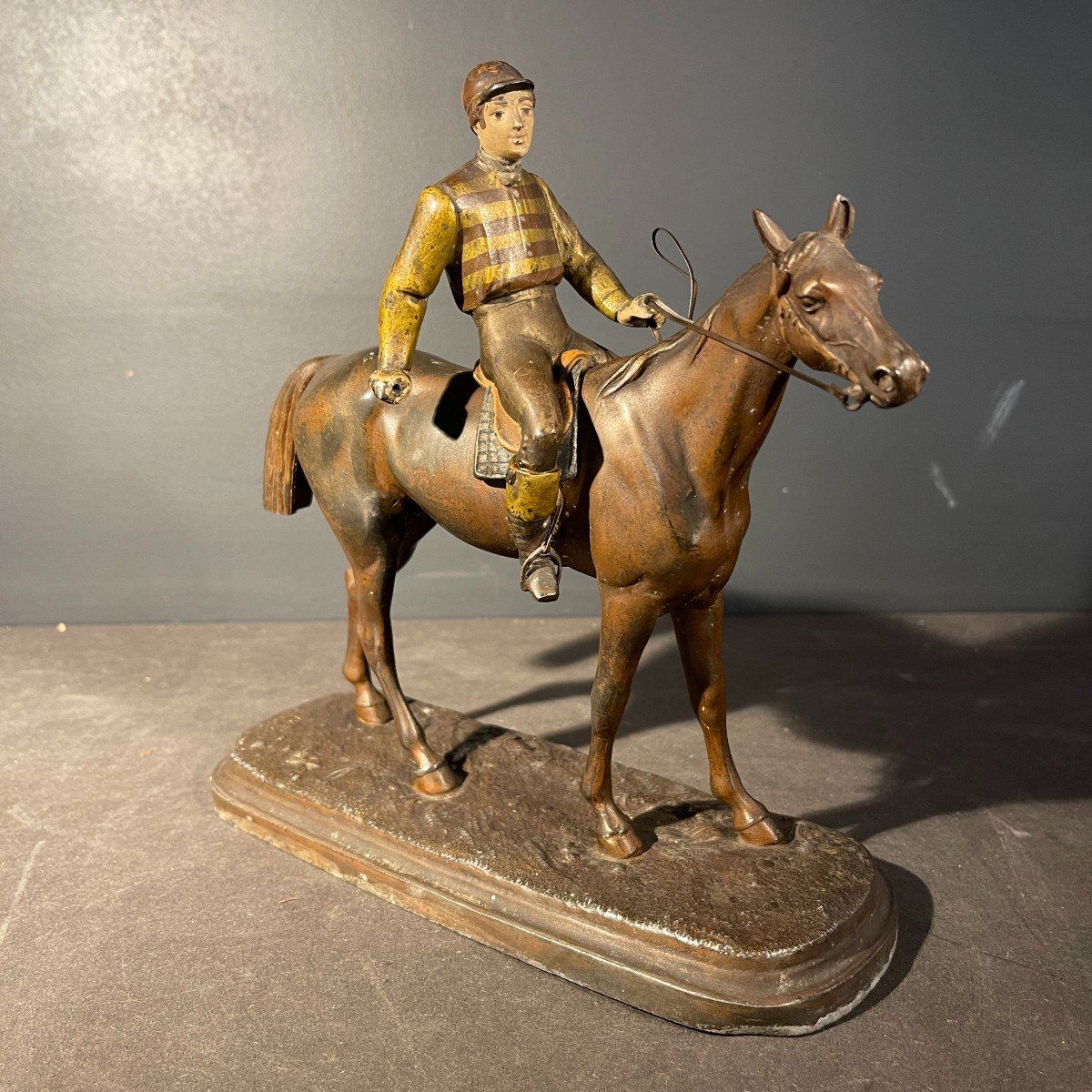 Equestrian Sculpture / Horse Jockey Horse Statue, Polychrome Regule, Ca 1890-photo-2